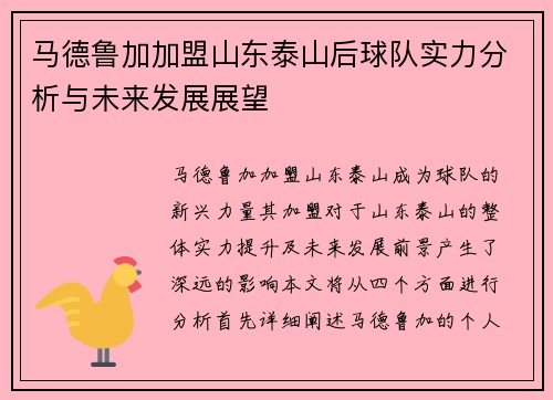 马德鲁加加盟山东泰山后球队实力分析与未来发展展望